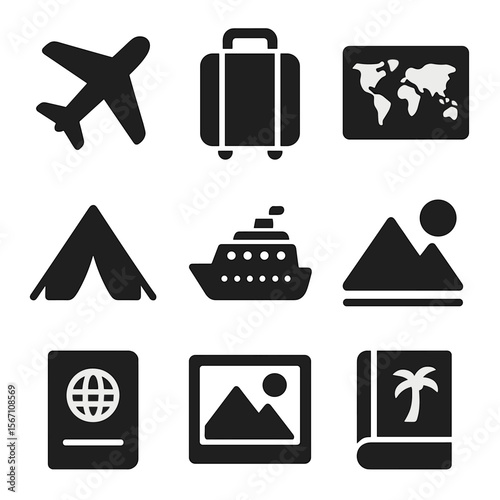 Vacation Icon Set. Solid, filled icons set of family vacation dreams: airplane, suitcase, world map, tent icon