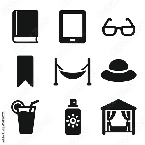 Vacation Reading Icons. Solid, filled icons set of vacation reading essentials: hardcover novel, tablet,