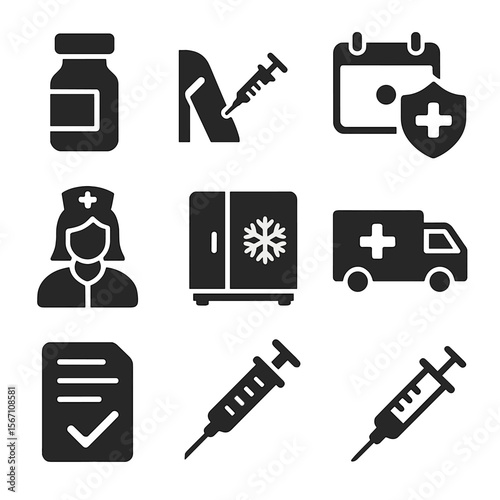 Vaccination Awareness Icons. Solid, filled icons set of vaccination awareness drives: vaccine vial, injection