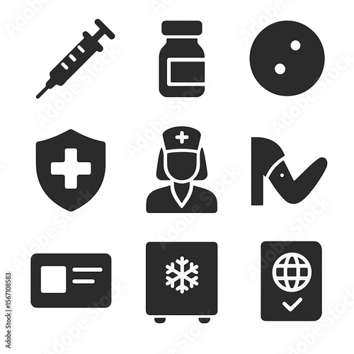Vaccination Campaign Icons. Solid, filled icons set of vaccination campaigns: syringe, vaccine vial, injection