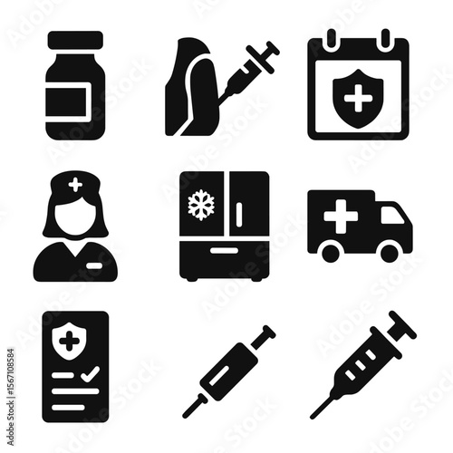 Vaccination Awareness Icons. Solid, filled icons set of vaccination awareness drives: vaccine vial, injection