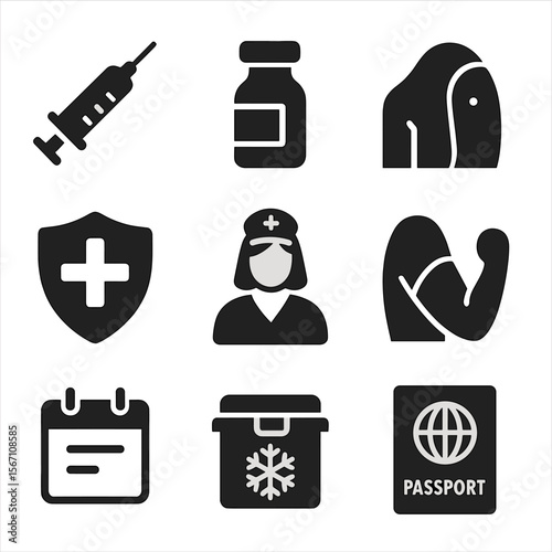 Vaccination Campaign Icons. Solid, filled icons set of vaccination campaigns: syringe, vaccine vial, injection
