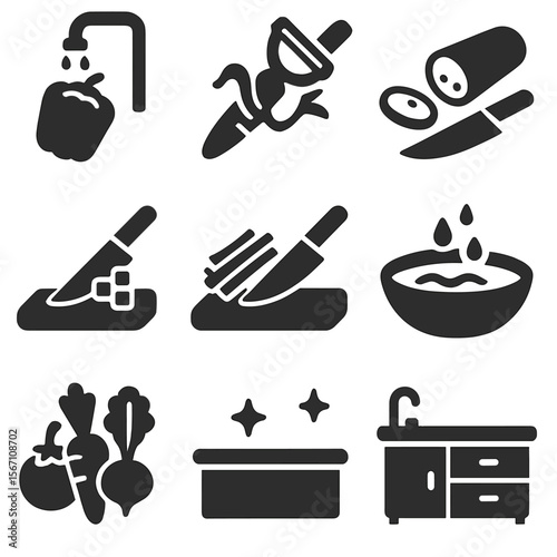 Vegetable Preparation Icons. Solid, filled icons set of vegetable prep process: wash icon, peel icon, slice