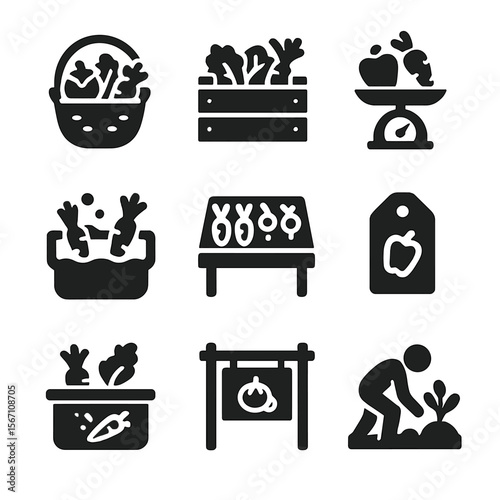 Vegetable Harvest Icons. Solid, filled icons set of vegetable patch harvest: basket of produce, crate, scale,