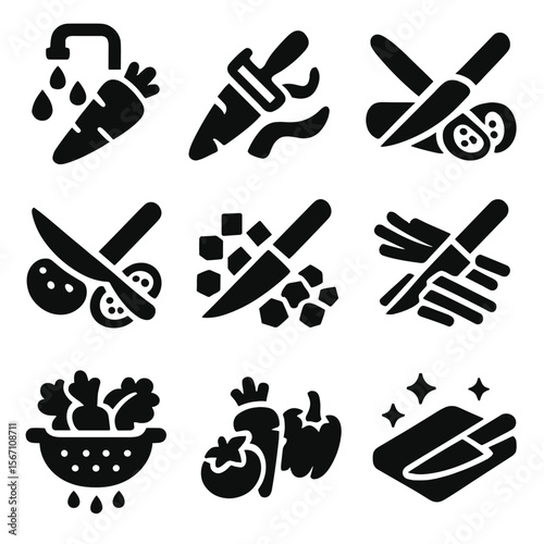 Vegetable Preparation Icons. Solid, filled icons set of vegetable prep process: wash icon, peel icon, slice