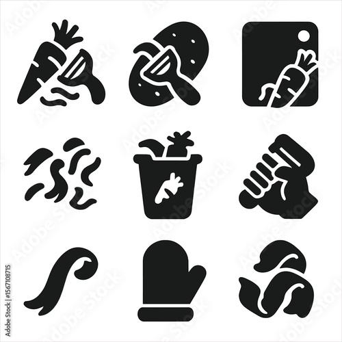 Vegetable Peeling Icons. Solid, filled icons set of peeling vegetables: carrot, potato, vegetable peeler,