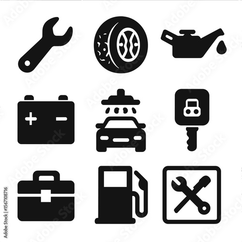 Vehicle Care Icons. Solid, filled icons set of vehicle maintenance and care: wrench icon, tire icon, oil icon,