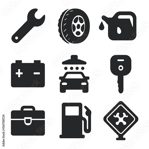 Vehicle Care Icons. Solid, filled icons set of vehicle maintenance and care: wrench icon, tire icon, oil icon,