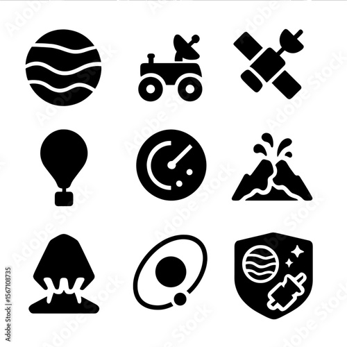 Venus Exploration Icons Set. Solid, filled icons set of Venus exploration: Venus planet, surface rover, space