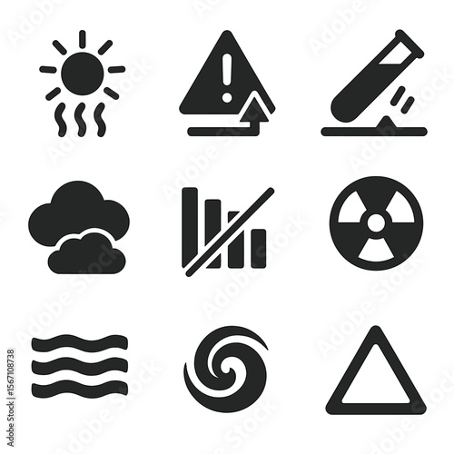 Venus Exploration Icons. Solid, filled icons set of challenges of Venus exploration: extreme heat, pressure