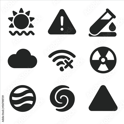 Venus Exploration Icons. Solid, filled icons set of challenges of Venus exploration: extreme heat, pressure