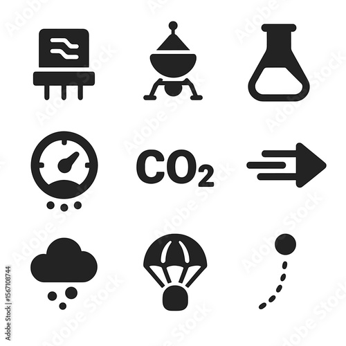 Venus Exploration Icons. Solid, filled icons set of atmospheric exploration on Venus: gas sensor, atmospheric