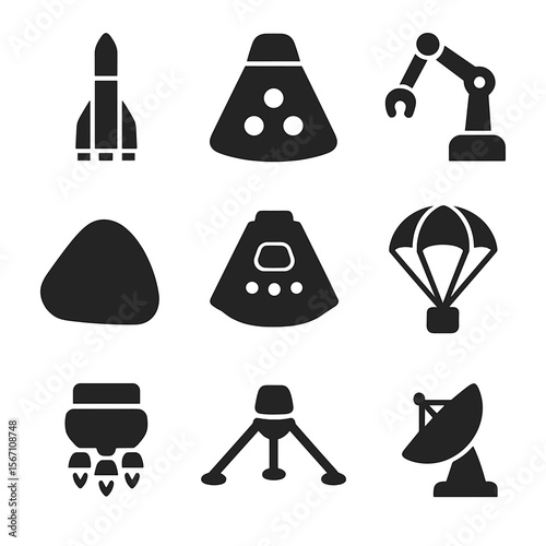Venus Mission Icons. Solid, filled icons set of spacecraft for Venus missions: launch rocket, entry capsule,