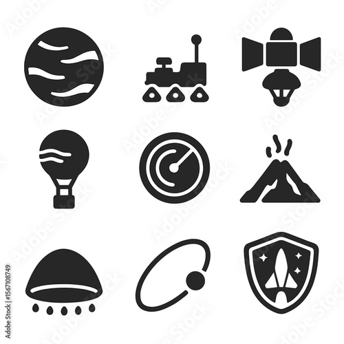 Venus Exploration Icons Set. Solid, filled icons set of Venus exploration: Venus planet, surface rover, space