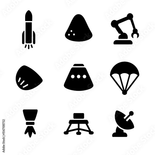 Venus Mission Icons. Solid, filled icons set of spacecraft for Venus missions: launch rocket, entry capsule,