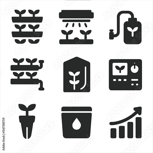 Vertical Farming Icons. Solid, filled icons set of vertical farming systems: stacked trays, LED grow light,