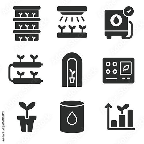 Vertical Farming Icons. Solid, filled icons set of vertical farming systems: stacked trays, LED grow light,