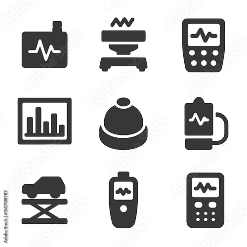 Vibration Testing Tools. Solid, filled icons set of vibration and motion testing tools: accelerometer, shaker