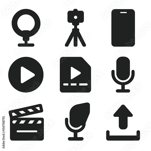 Video Creation Icons. Solid, filled icons set of video content creation tools: ring light, camera tripod,