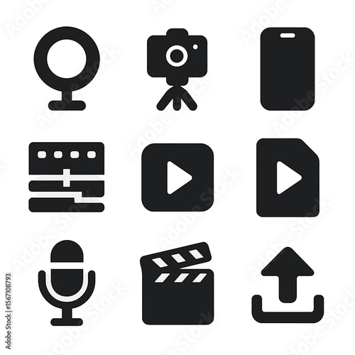 Video Creation Icons. Solid, filled icons set of video content creation tools: ring light, camera tripod,