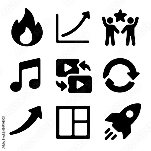 Viral Marketing Icons. Solid, filled icons set of viral marketing strategies: fire emoji, trend graph,
