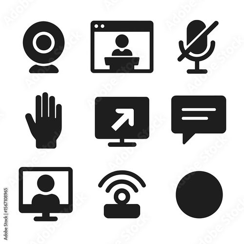 Virtual Debate Icons. Solid, filled icons set of virtual debate and public speaking: webcam icon, online