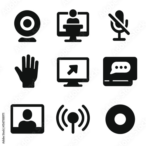Virtual Debate Icons. Solid, filled icons set of virtual debate and public speaking: webcam icon, online