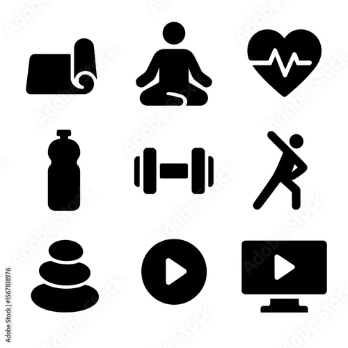 Virtual Fitness Icons. Solid, filled icons set of virtual fitness and wellness classes: yoga mat, meditation
