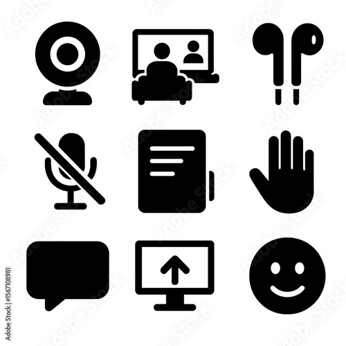 Virtual Meeting Icons. Solid, filled icons set of online meetings from the couch: webcam icon, video call