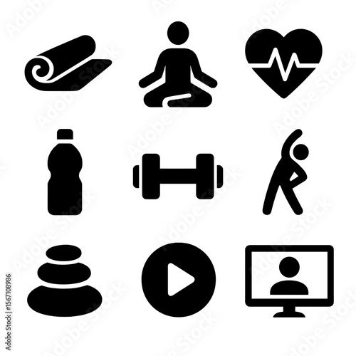 Virtual Fitness Icons. Solid, filled icons set of virtual fitness and wellness classes: yoga mat, meditation