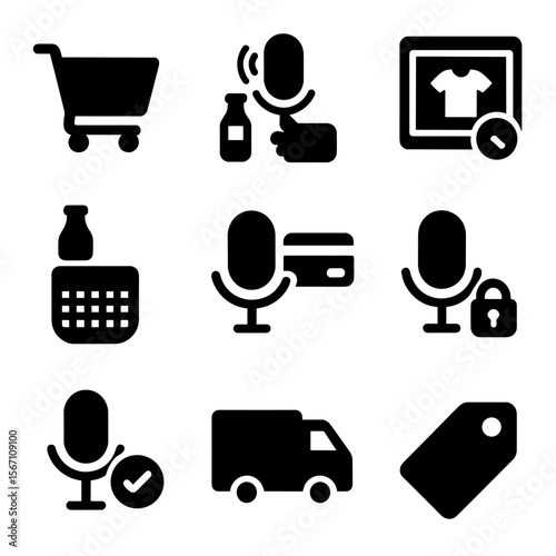 Voice Commerce Icons. Solid, filled icons set of voice commerce tools: shopping cart, voice buy icon, product