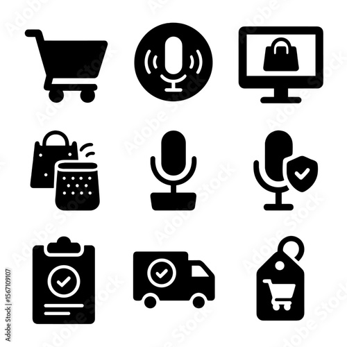 Voice Commerce Icons. Solid, filled icons set of voice commerce tools: shopping cart, voice buy icon, product