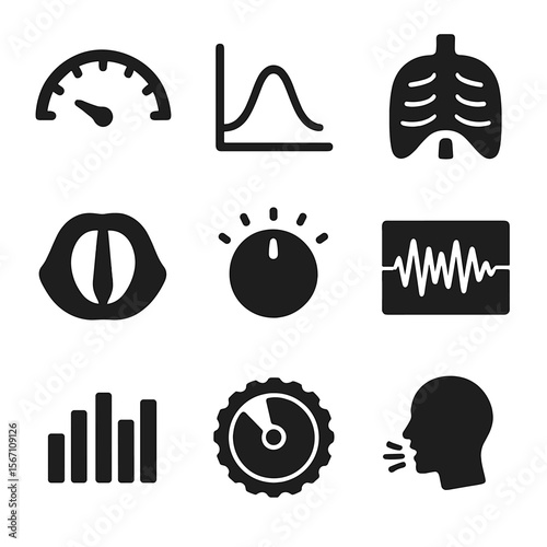 Voice Modulation Icons. Solid, filled icons set of voice modulation: pitch meter, frequency curve, diaphragm