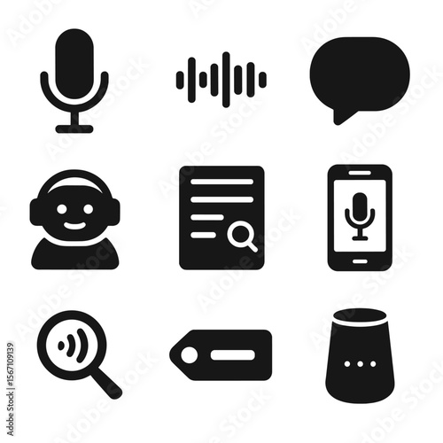 Voice Search Icons. Solid, filled icons set of voice search optimization: microphone icon, voice waveform,