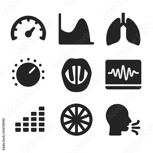Voice Modulation Icons. Solid, filled icons set of voice modulation: pitch meter, frequency curve, diaphragm