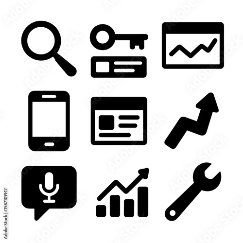 Voice SEO Tools Icons. Solid, filled icons set of SEO tools for voice search: search magnifier, keyword