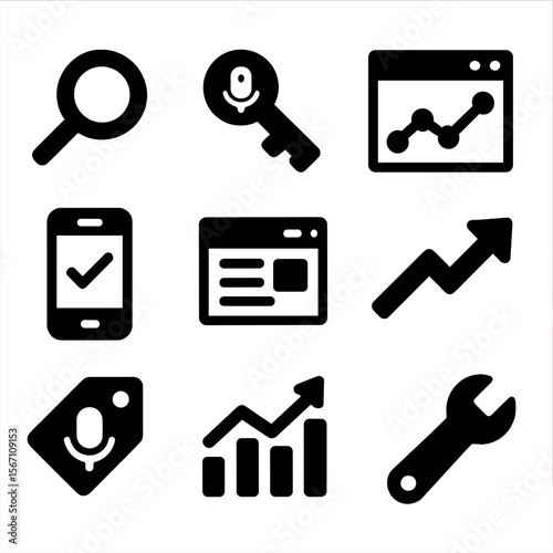 Voice SEO Tools Icons. Solid, filled icons set of SEO tools for voice search: search magnifier, keyword