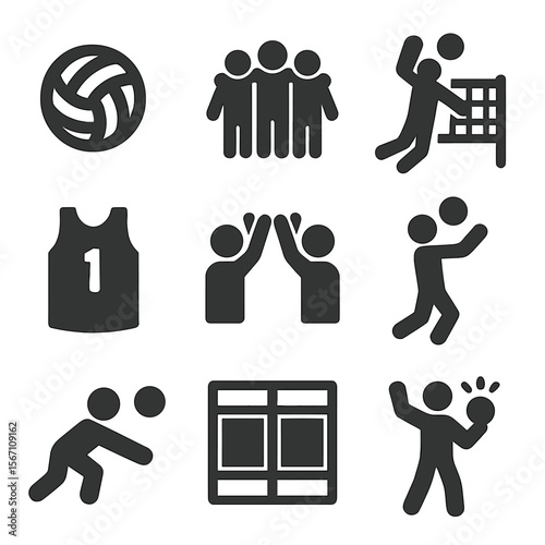 Volleyball Icons Collection. Solid, filled icons set of volleyball team sports: volleyball icon, team huddle,