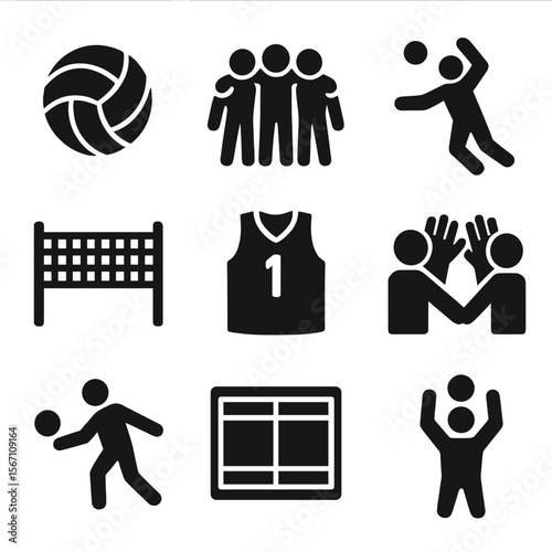 Volleyball Icons Collection. Solid, filled icons set of volleyball team sports: volleyball icon, team huddle,