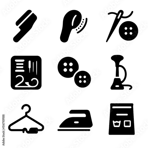 Wardrobe Care Icons. Solid, filled icons set of wardrobe maintenance tools: lint remover, fabric shaver,