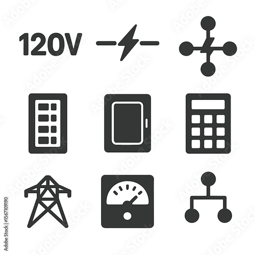 Voltage Icons Grid. Solid, filled icons set of voltage and power distribution: 120V icon, 240V line, split