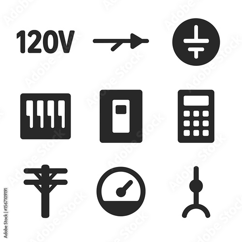 Voltage Icons Grid. Solid, filled icons set of voltage and power distribution: 120V icon, 240V line, split