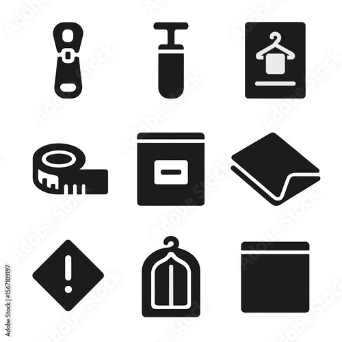 Wardrobe Packing Icons. Solid, filled icons set of packing tools for wardrobe storage: zip slider, hand pump,