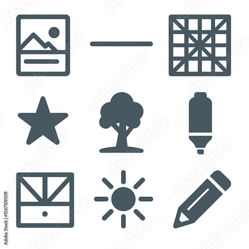 Watercolor Composition Icons. Solid, filled icons set of watercolor composition planning: thumbnail sketch,