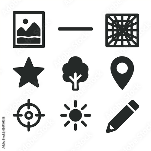 Watercolor Composition Icons. Solid, filled icons set of watercolor composition planning: thumbnail sketch,