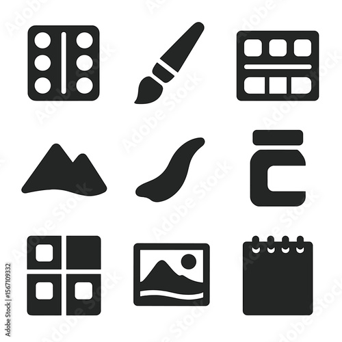 Watercolor Painter Icons. Solid, filled icons set of a painter using watercolors to create a vibrant landscape