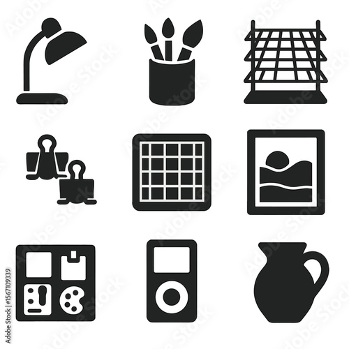 Watercolor Studio Icons. Solid, filled icons set of studio setup for watercolor painting: daylight lamp,