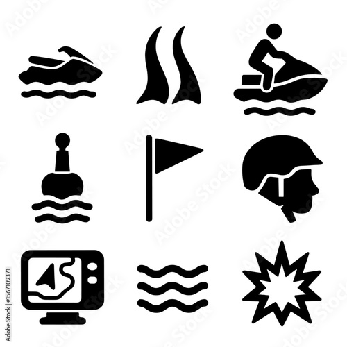 Watercraft Activity Icons. Solid, filled icons set of personal watercraft activities: jet ski, wake trail,