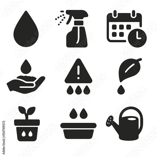 Watering Routine Icons. Solid, filled icons set of watering and care routine: water drop icon, misting spray,