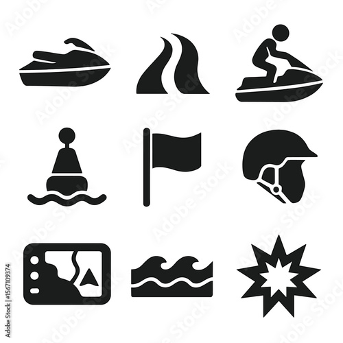 Watercraft Activity Icons. Solid, filled icons set of personal watercraft activities: jet ski, wake trail,